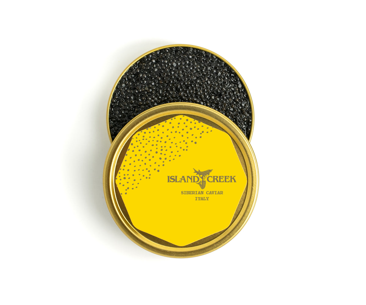 an open tin of Italian Siberian sturgeon caviar